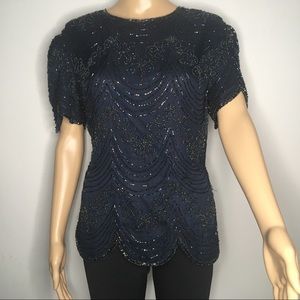 Adrianna Papell silk sequins blue top